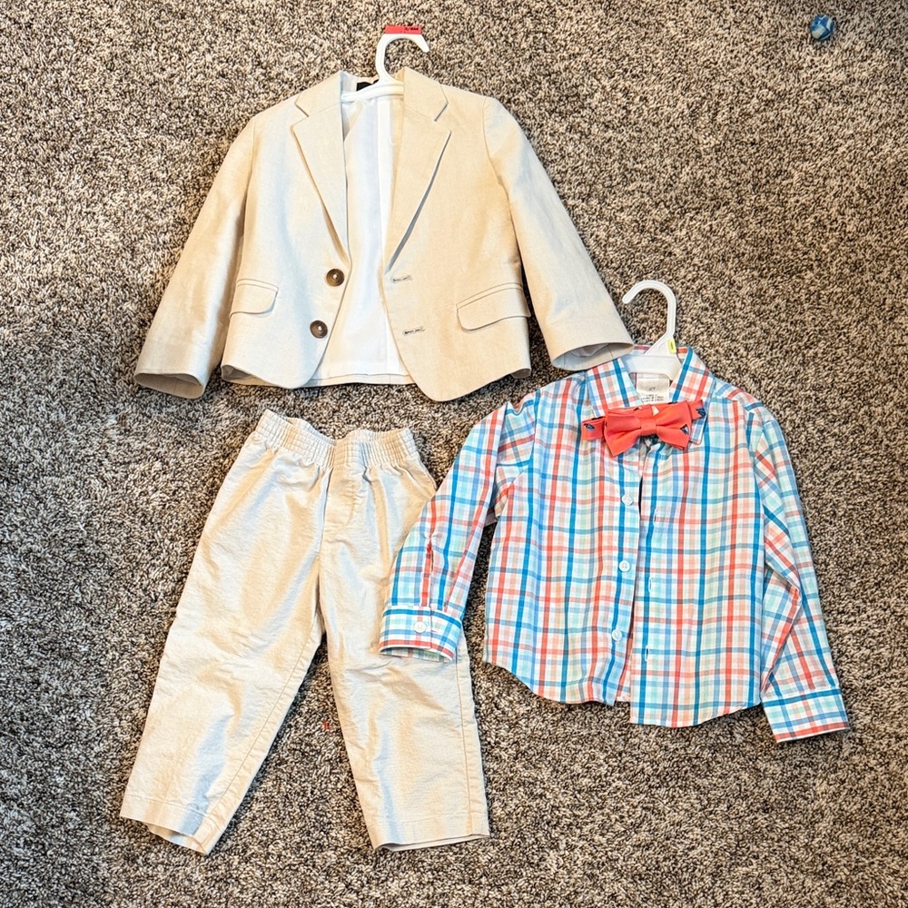 Nautica Tan Suit Set with Plaid Shirt and coral Bow Tie